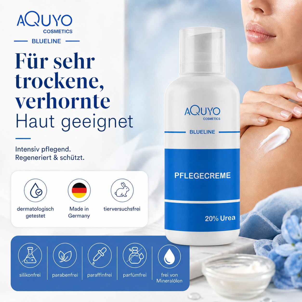 Weiße Flasche mit blauer Aufschrift. Text: Pflegecreme, 20% Urea. Dermatologisch getestet, tierversuchsfrei, Made in Germany.