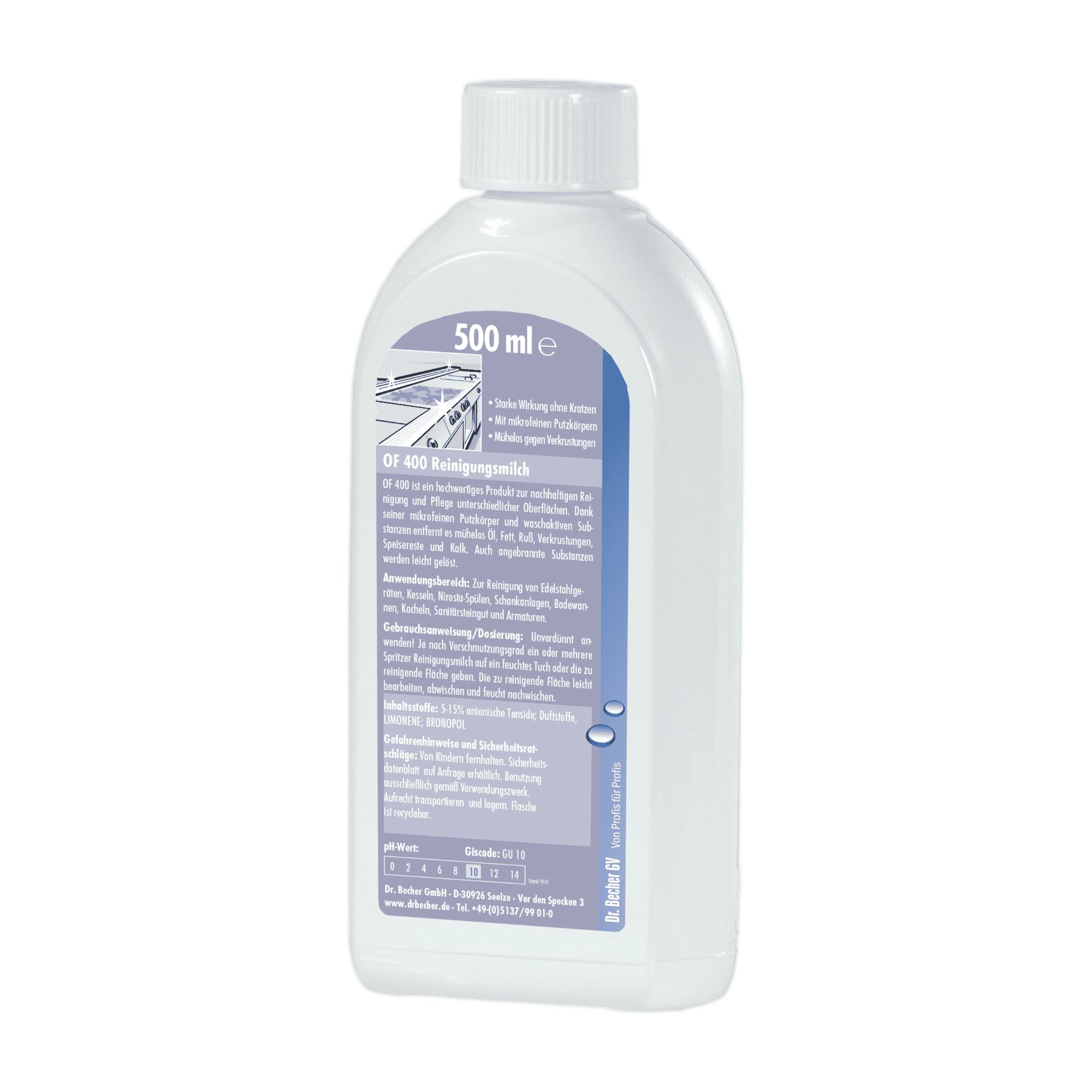 Weiße Flasche mit Schraubverschluss. Aufkleber mit Produktinformationen und 500 ml Angabe. Text: OF 400 Reinigungsmilch.