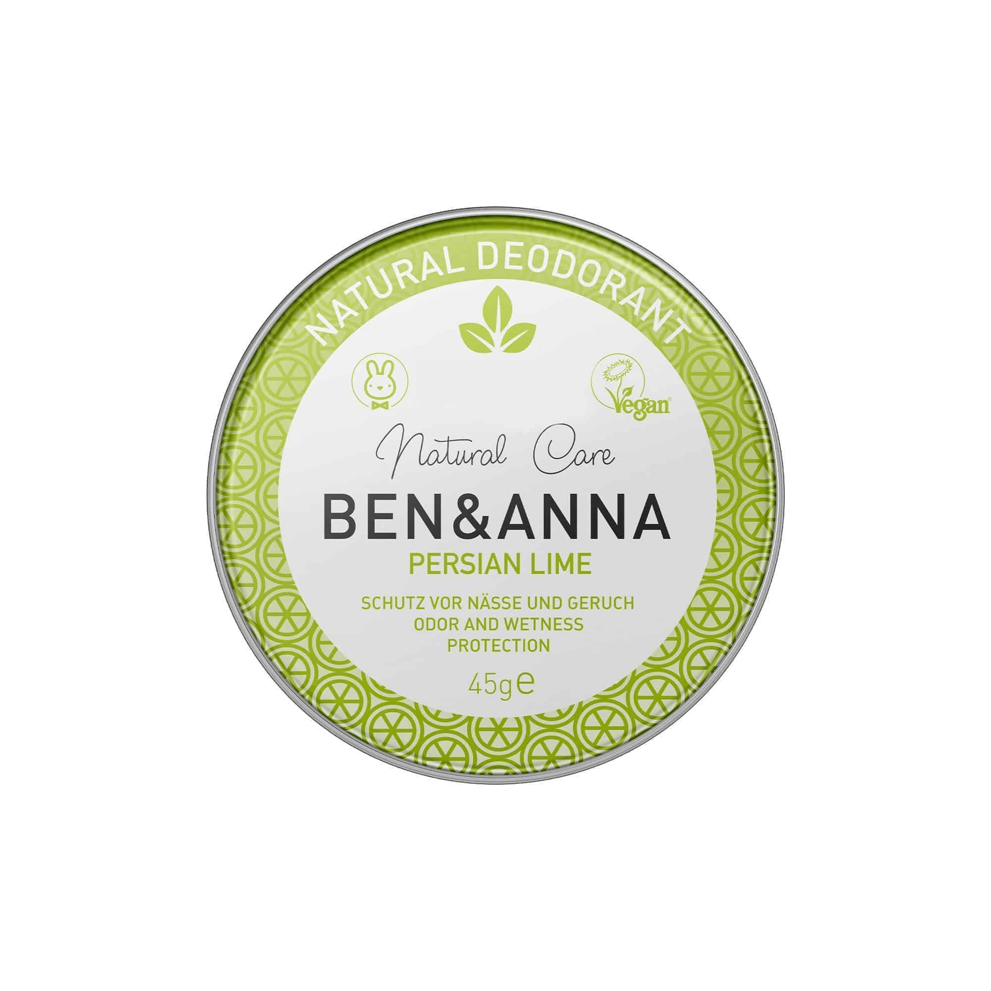 Ronde groene doos. Opschrift: BEN & ANNA Persian Lime. Vegan- en Bunny-logo. 45g.