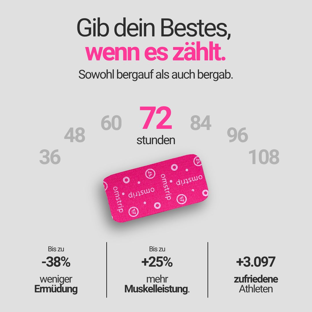 Pinkfarbenes Omstrip-Tape mit weißem Logo. Text: 72 Stunden, -38% Ermüdung, +25% Muskel.