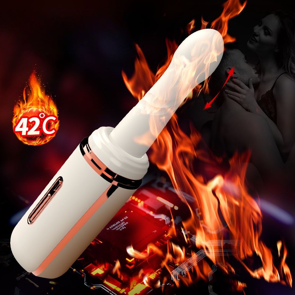 Beigefarbener Vibrator mit goldfarbenen Akzenten, mit Flammen und Temperaturanzeige.