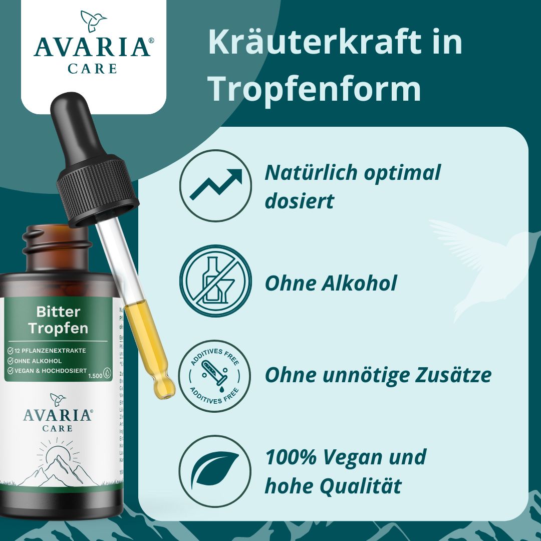 AVARIA CARE® Bittertropfen – alkoholfrei – 12 Pflanzenextrakte – hochdosiert & vegan