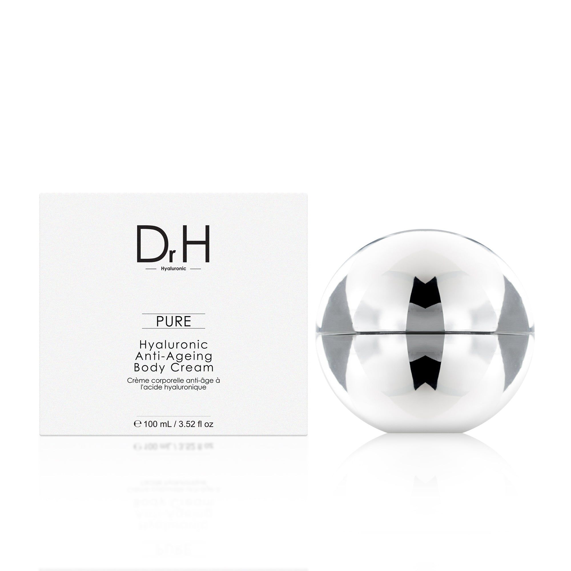 Körpercreme-Behälter und Verpackung. Verpackung mit Logo 'Dr. H' und Produktinformationen. Behälter silberfarben.