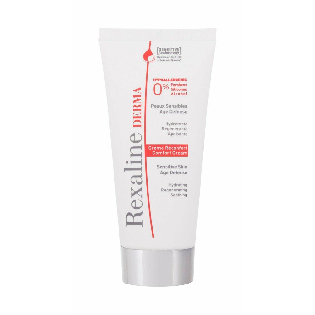 Weiße Tube mit silbernem Verschluss. Aufschrift: Rexaline Derma, Crème Réconfort, Sensitive Skin Age Defense, 0% Parfums, Parabens, Silicones, Alcohol.