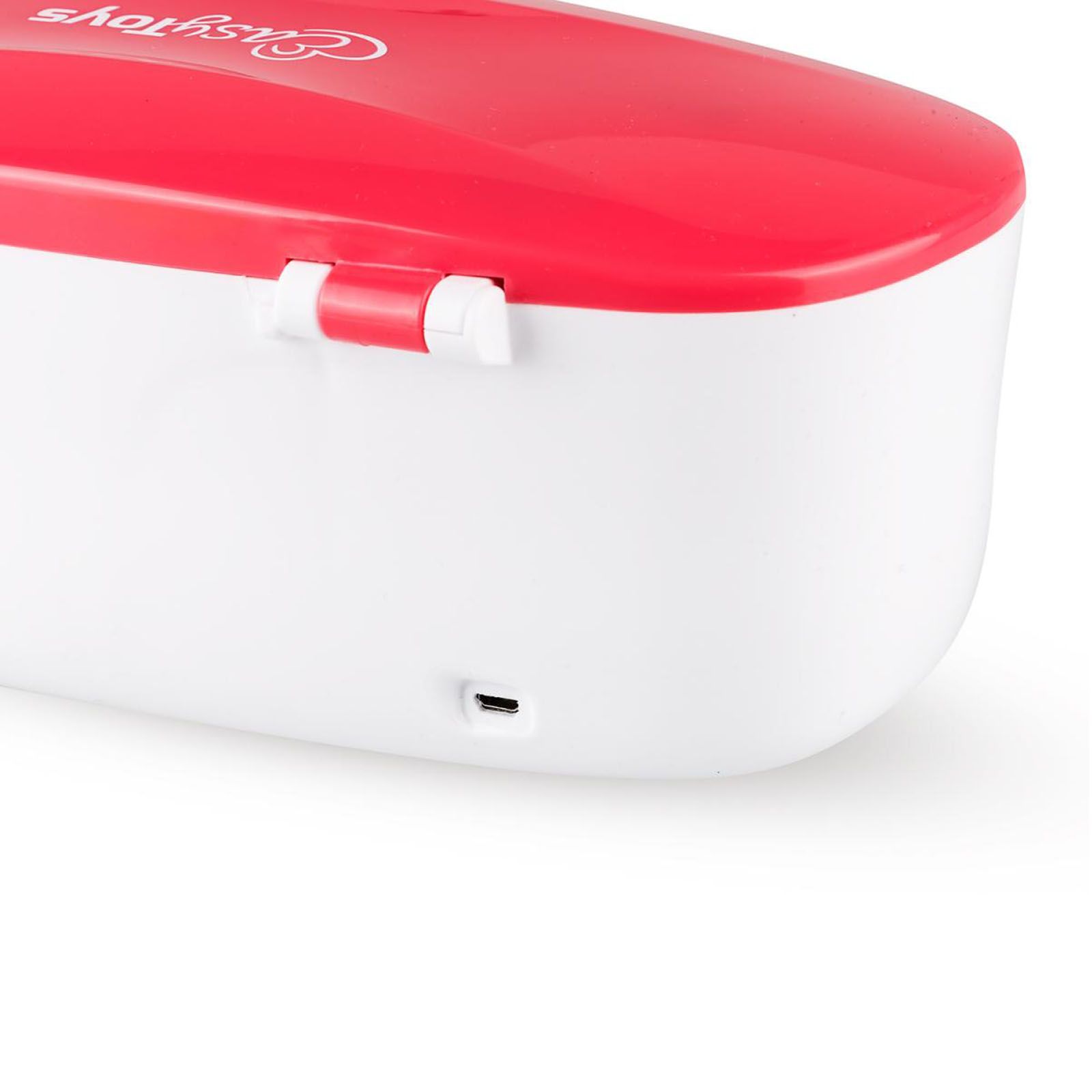 Nahaufnahme der Box-Seite. Weißes Gehäuse, roter Deckel. USB-Anschluss und Scharnier sichtbar.