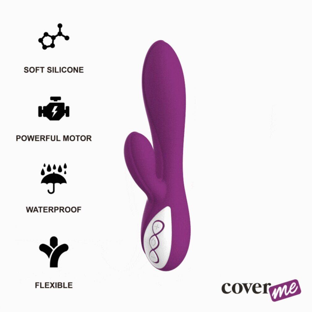 Lila Vibrator mit Icons: Silikon, Motor, wasserdicht, flexibel. Logo 'coverme'.