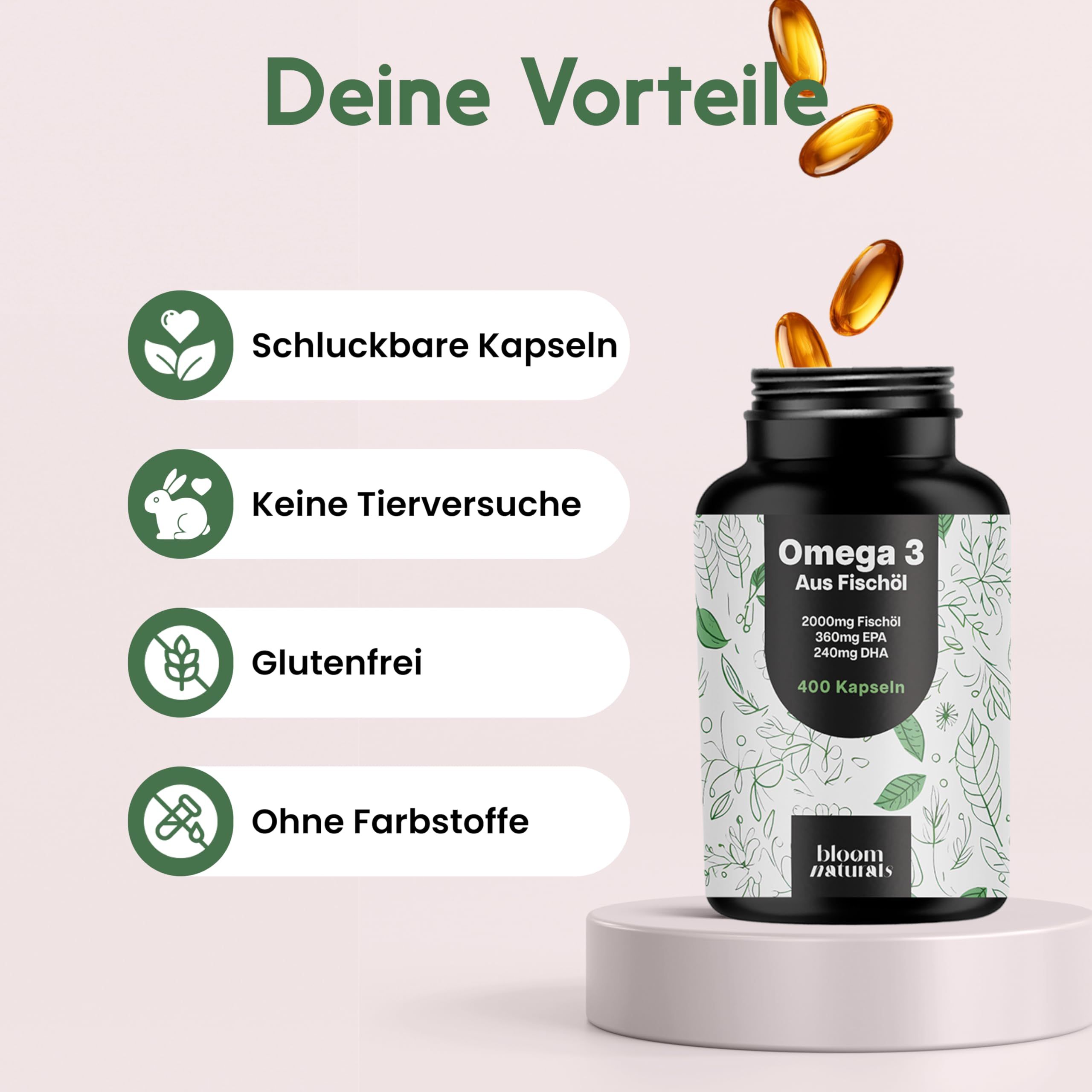 Omega 3 Fischöl Kapseln und Icons. Text: Schluckbare Kapseln, Keine Tierversuche, Glutenfrei, Ohne Farbstoffe.