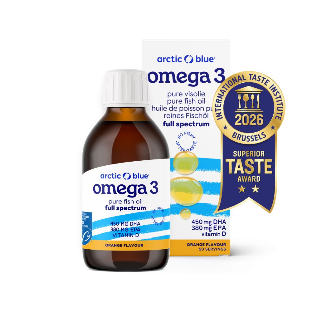 Braune Glasflasche mit Omega-3-Fischöl und Kartonverpackung. Auszeichnung für Geschmack.