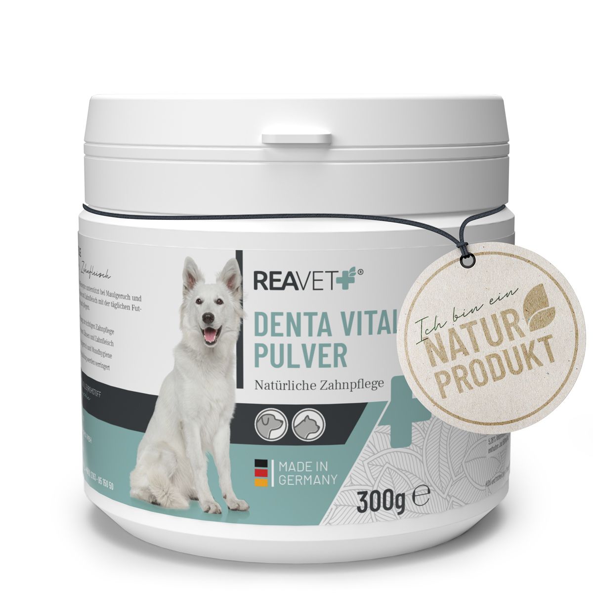 Weiße Dose mit Produktetikett. Aufschrift: Denta Vital Pulver, Naturprodukt. Abbildung eines Hundes. Anhänger mit Aufschrift.