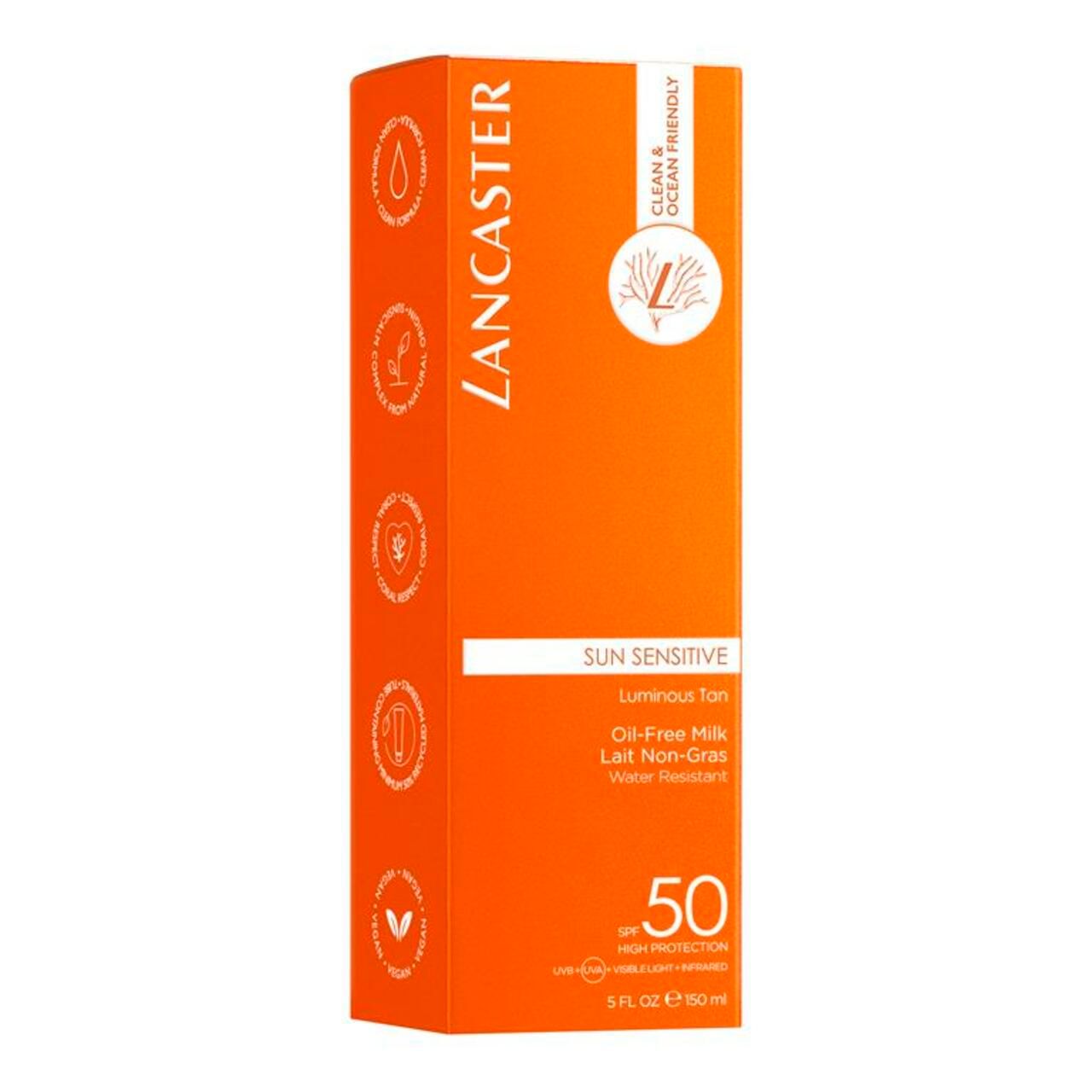 Orangefarbene Produktverpackung. Lancaster-Logo, Produktname, SPF 50. Clean & Ocean Friendly-Logo.