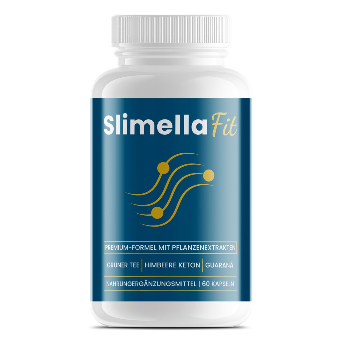 Weiße Flasche mit blauem Etikett. Aufschrift Slimella Fit. Enthält 60 Kapseln. Enthält Grüntee, Himbeerketon und Guarana.