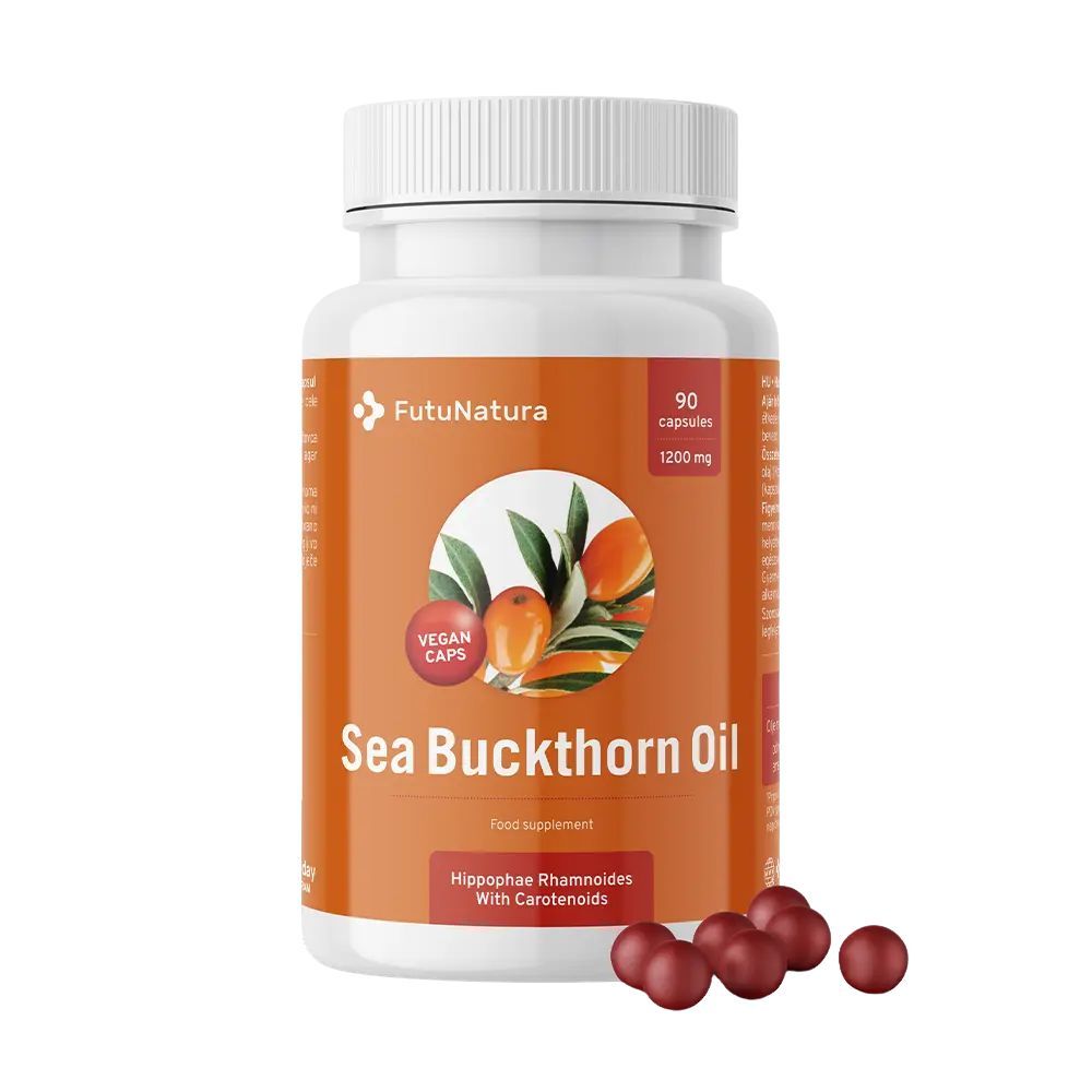 Weiße Flasche mit Kapseln. Aufschrift: FutuNatura, Sea Buckthorn Oil, 90 Kapseln, 1200 mg. Vegan Caps.
