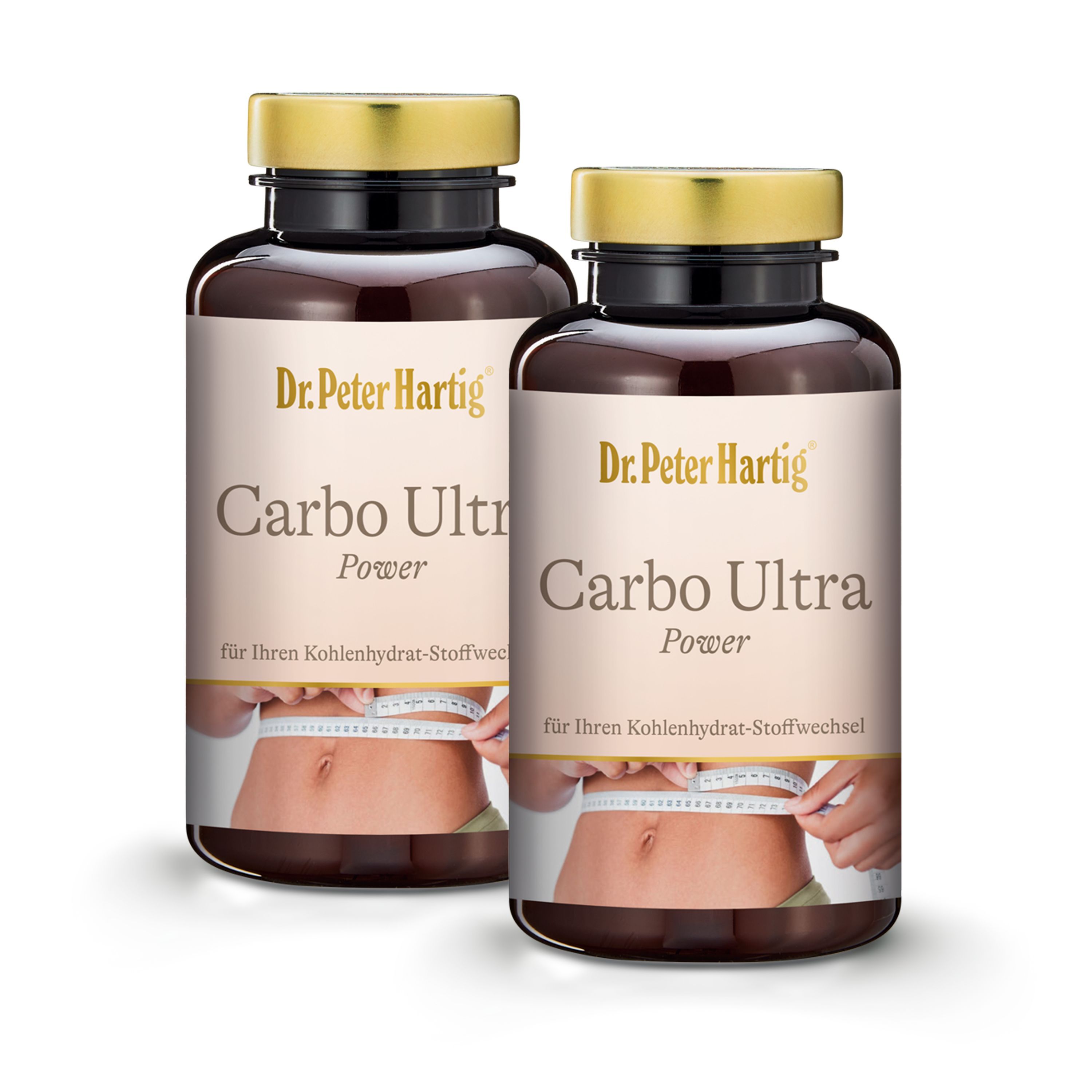 Zwei braune Flaschen mit goldenen Deckeln. Aufschrift: Dr. Peter Hartig, Carbo Ultra Power. Abgebildet ist ein Bauch mit Maßband.
