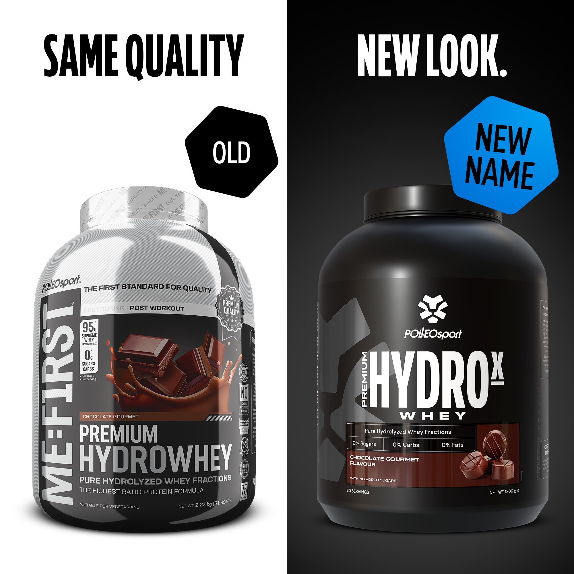 Vergleich von "ME:FIRST Premium Hydrowhey" und "HYDROx Whey" Dosen. Links: weiß. Rechts: schwarz. Beide mit Produktinformationen und Logos.