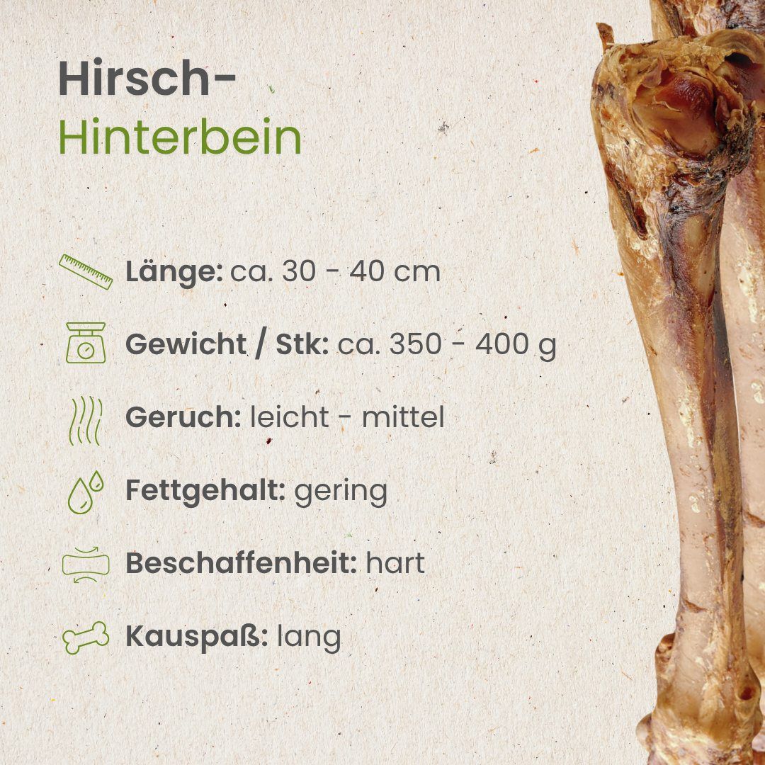 Hirsch-Hinterbein: 30-40 cm, 350-400g, hart, geringer Fettgehalt.
