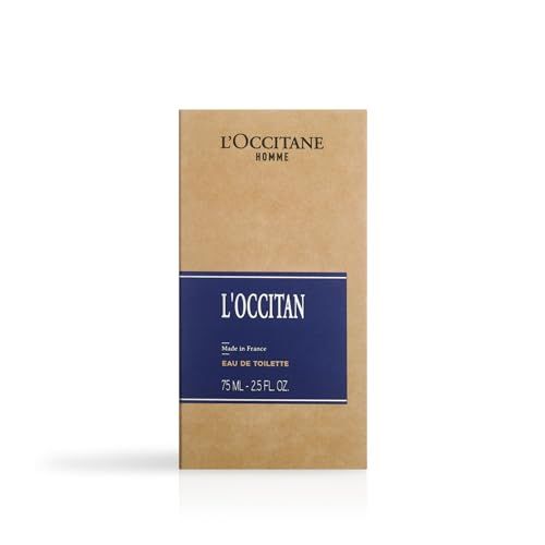 Verpackung für L'Occitan Eau de Toilette. Braune Schachtel, blaues Etikett mit Text. 75 ml.