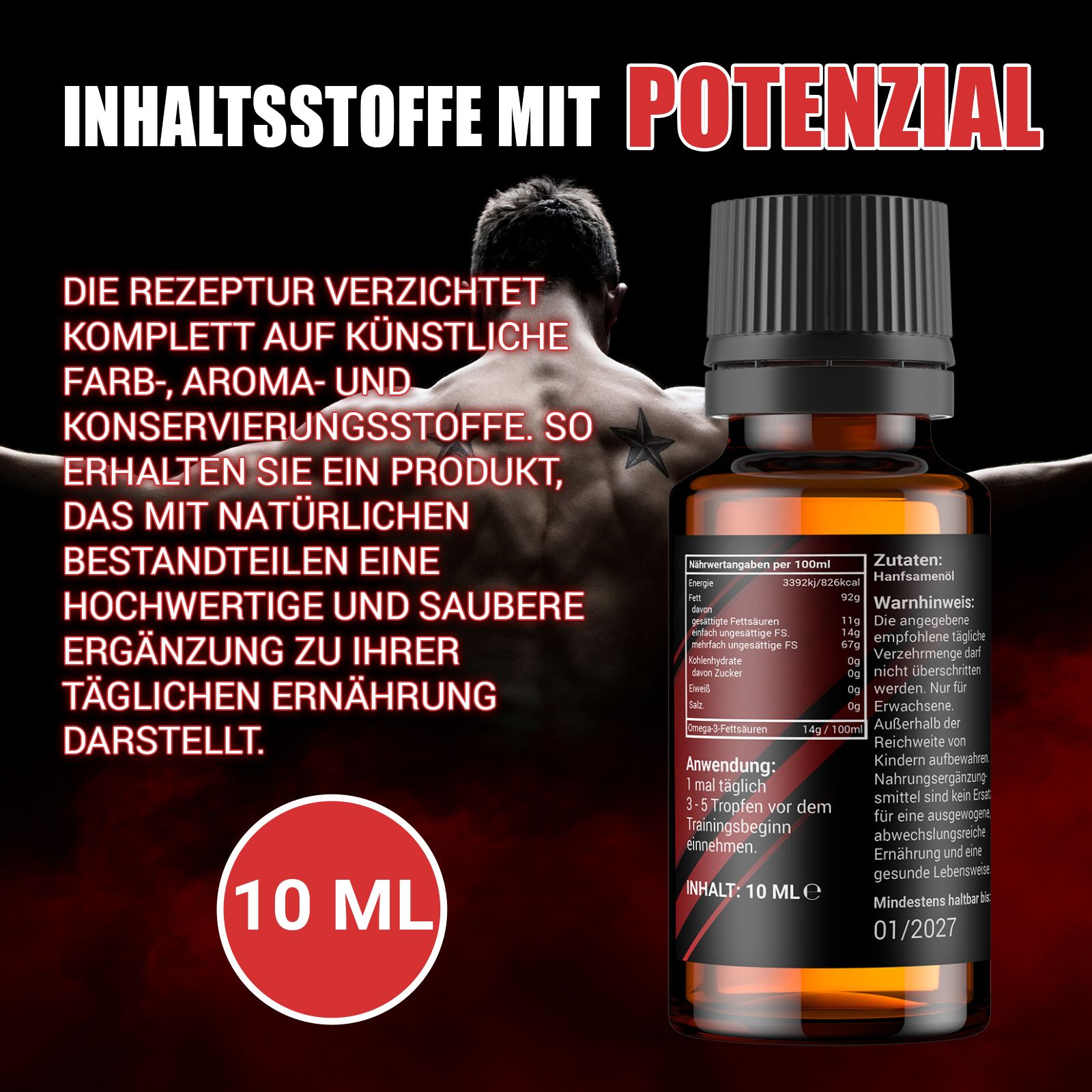 Produktflasche vor verschwommenem Hintergrund. Text: 10 ml. Enthält Informationen zu Inhaltsstoffen.