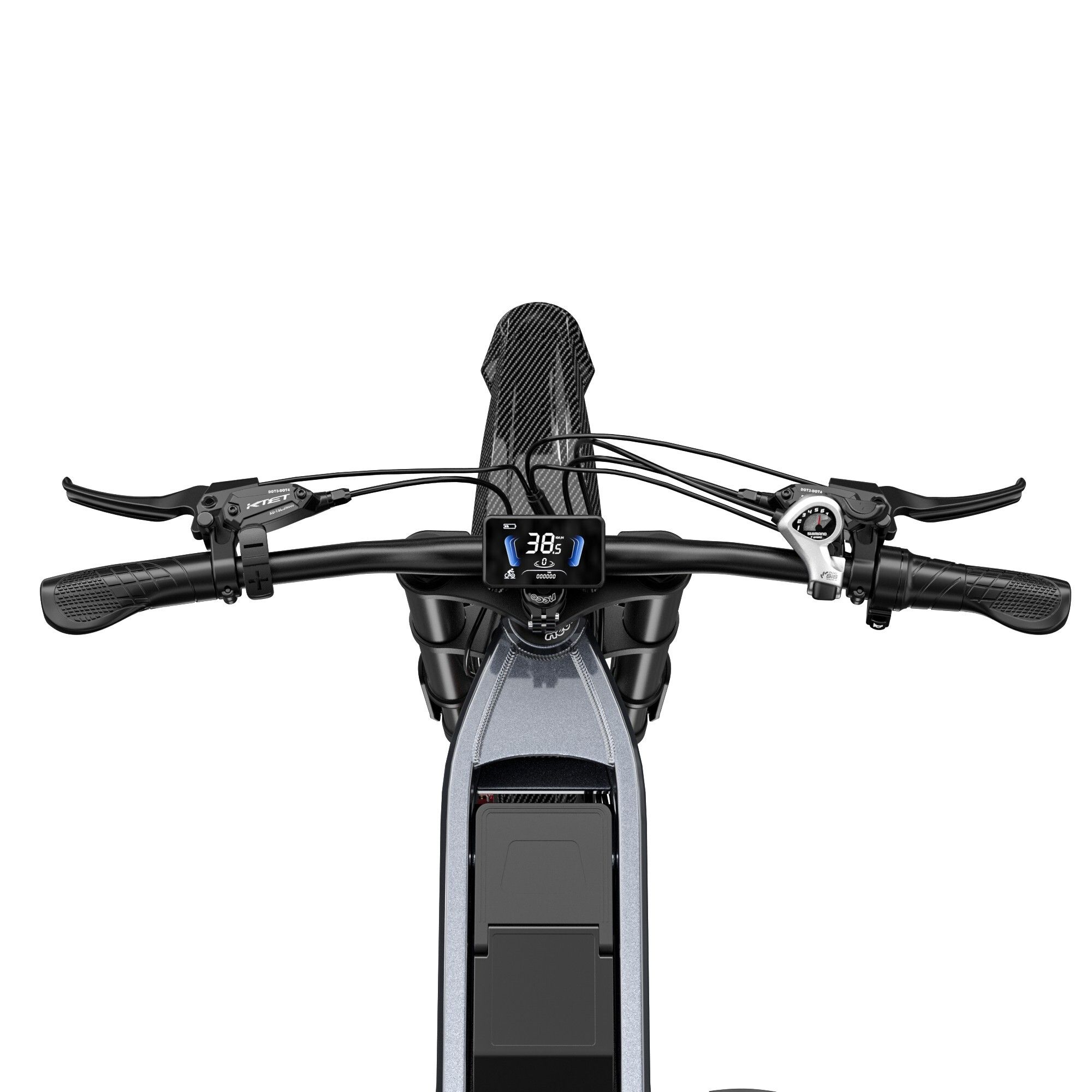 Nahaufnahme des Lenkers eines E-Mountainbikes. Digitales Display, Bremshebel. Auf weißem Hintergrund.