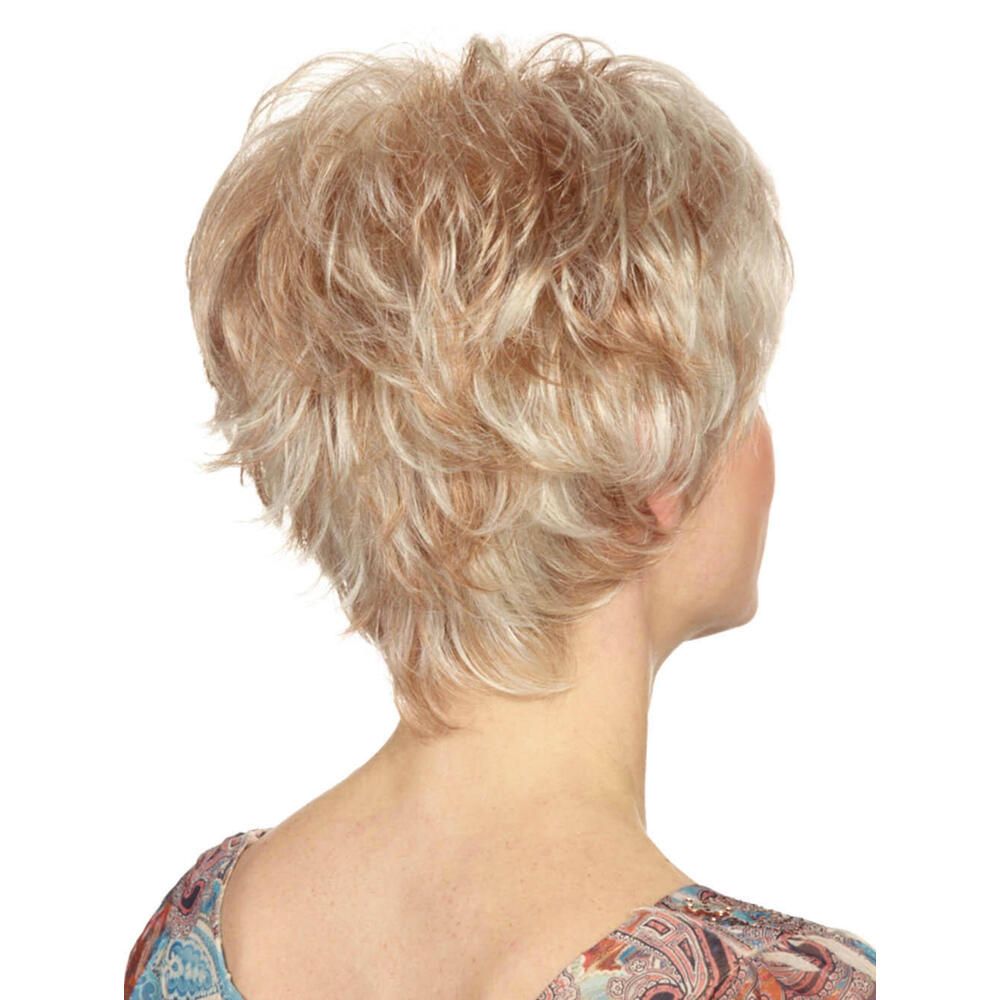 Kurzhaarperücke, blond mit Strähnen, Rückansicht. Hellblonder Farbton.