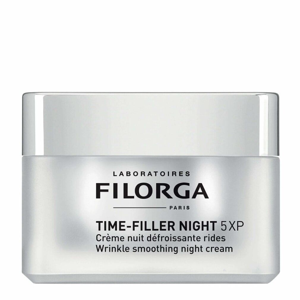 Zwei Creme-Tiegel mit Deckel. Aufschrift: FILORGA PARIS, TIME-FILLER NIGHT 5XP. Faltenreduzierende Nachtcreme.