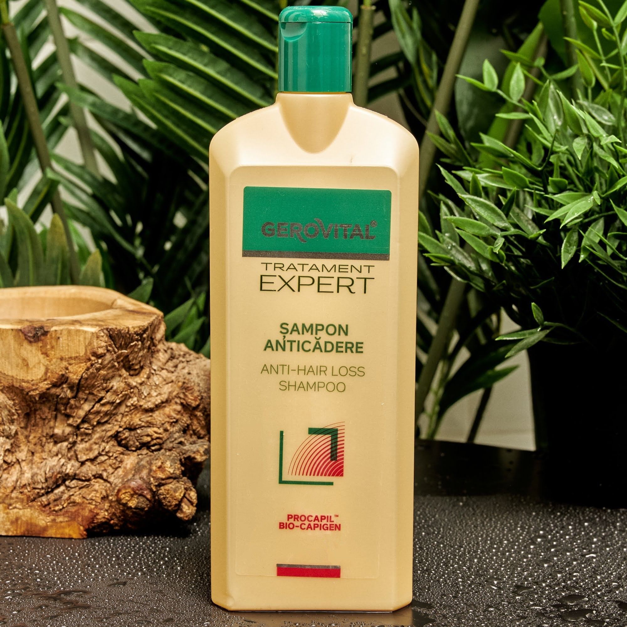 Shampoo-Flasche. Text: Gerovital, Tratament Expert, Sampon Anticadere, Anti-Hair Loss Shampoo. Hintergrund: Pflanzen.