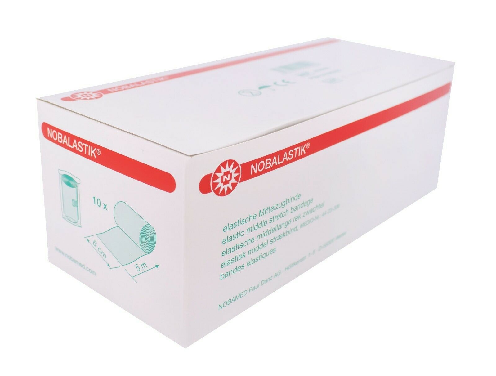 Weiße Kartonverpackung mit rotem Streifen und Logo. Enthält 10 Rollen 5m x 6cm Mittelzugbinde. Aufdruck: NOBALASTIK.