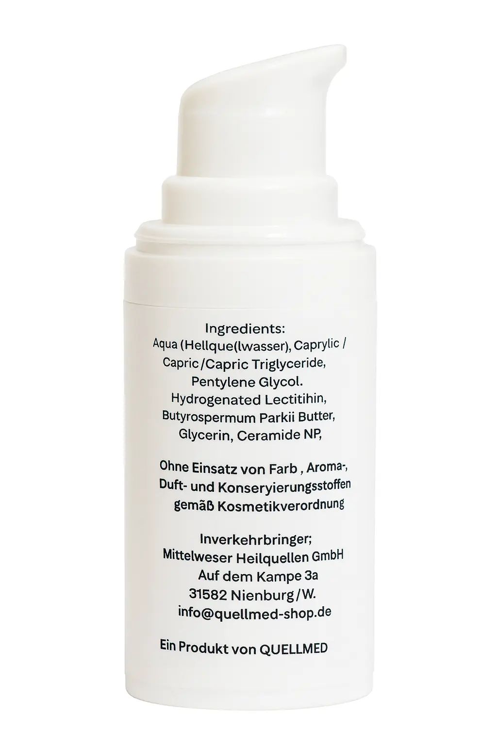 Rückseite einer weißen Flasche. Text: Inhaltsstoffe, Quellmed, Auf dem Kampe 3a, 31582 Nienburg/W., info@quellmed-shop.de, Ein Produkt von QUELLMED.