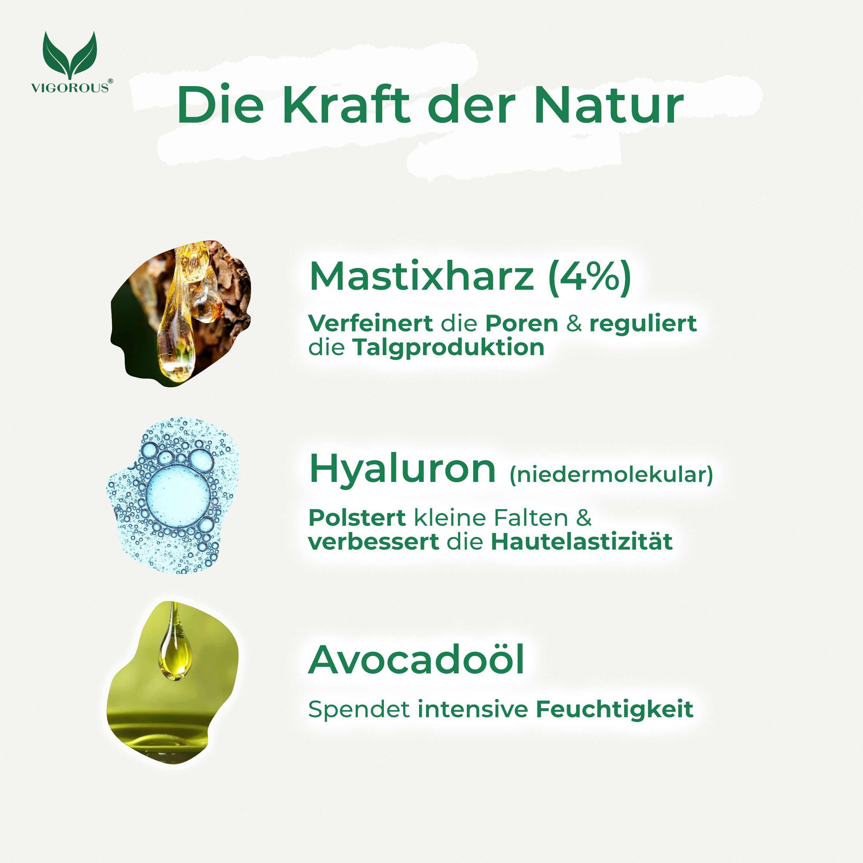 Inhaltsstoffe: Mastixharz (4%), Hyaluron, Avocadoöl. Text und Abbildungen auf hellem Hintergrund.