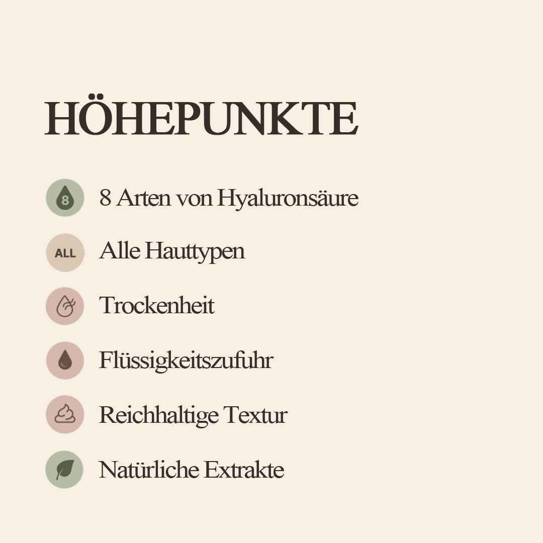 Text: HÖHEPUNKTE. 8 Arten Hyaluronsäure, alle Hauttypen, Trockenheit, Flüssigkeitszufuhr, reichhaltige Textur.