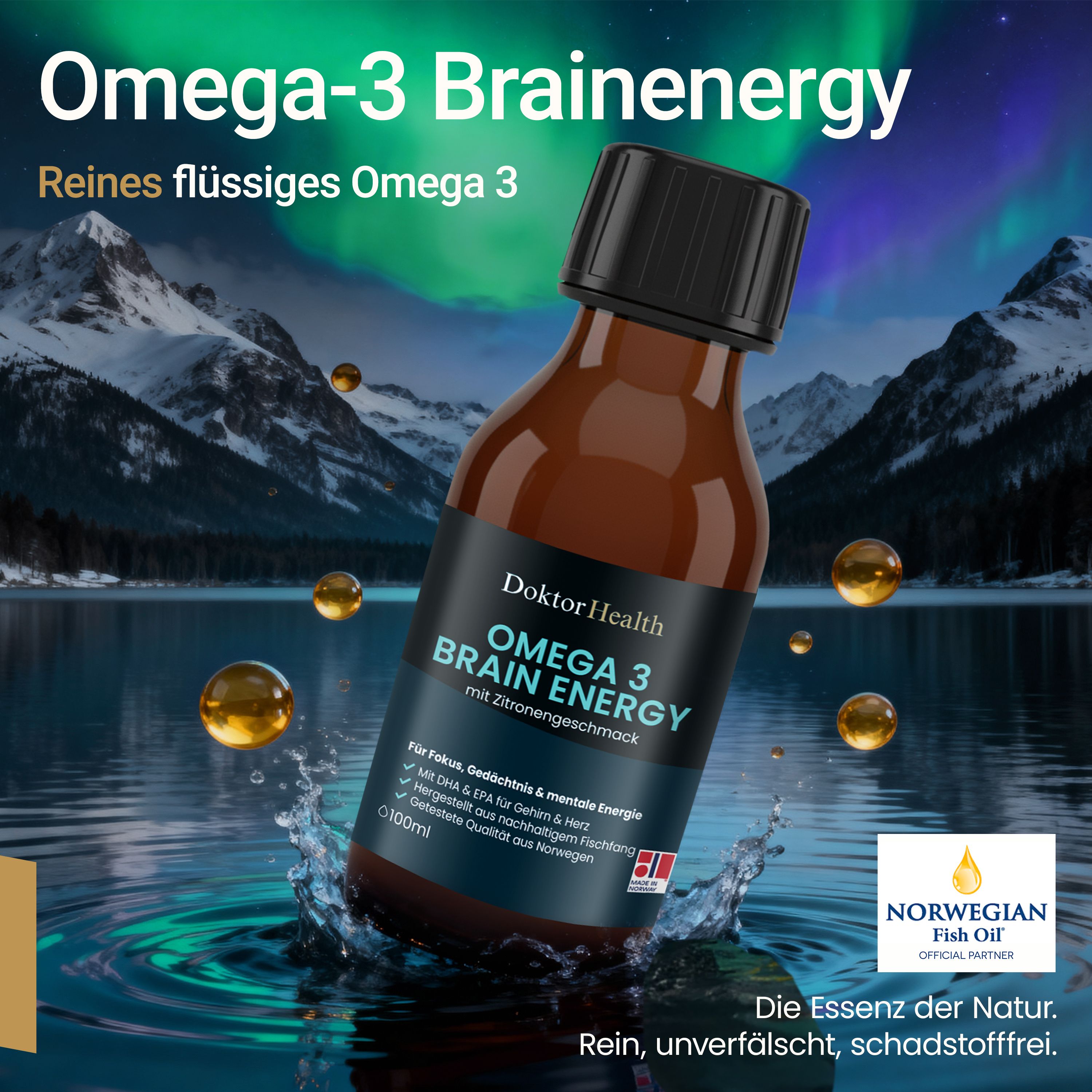 Braune Flasche "Doktor Health Omega 3 BRAIN ENERGY" vor Landschaft. Text: "Reines flüssiges Omega 3". Logo: Norwegian Fish Oil.
