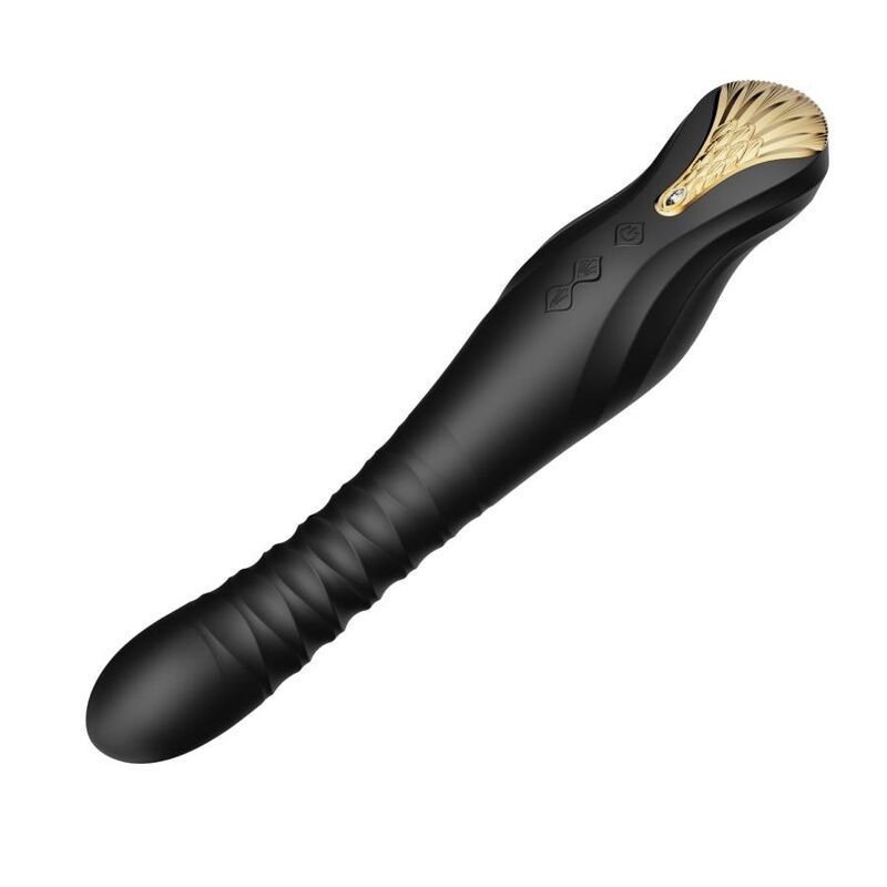 Schwarzer Vibrator mit goldfarbenem Kopf. Zwei Knöpfe und Symbole sind sichtbar.