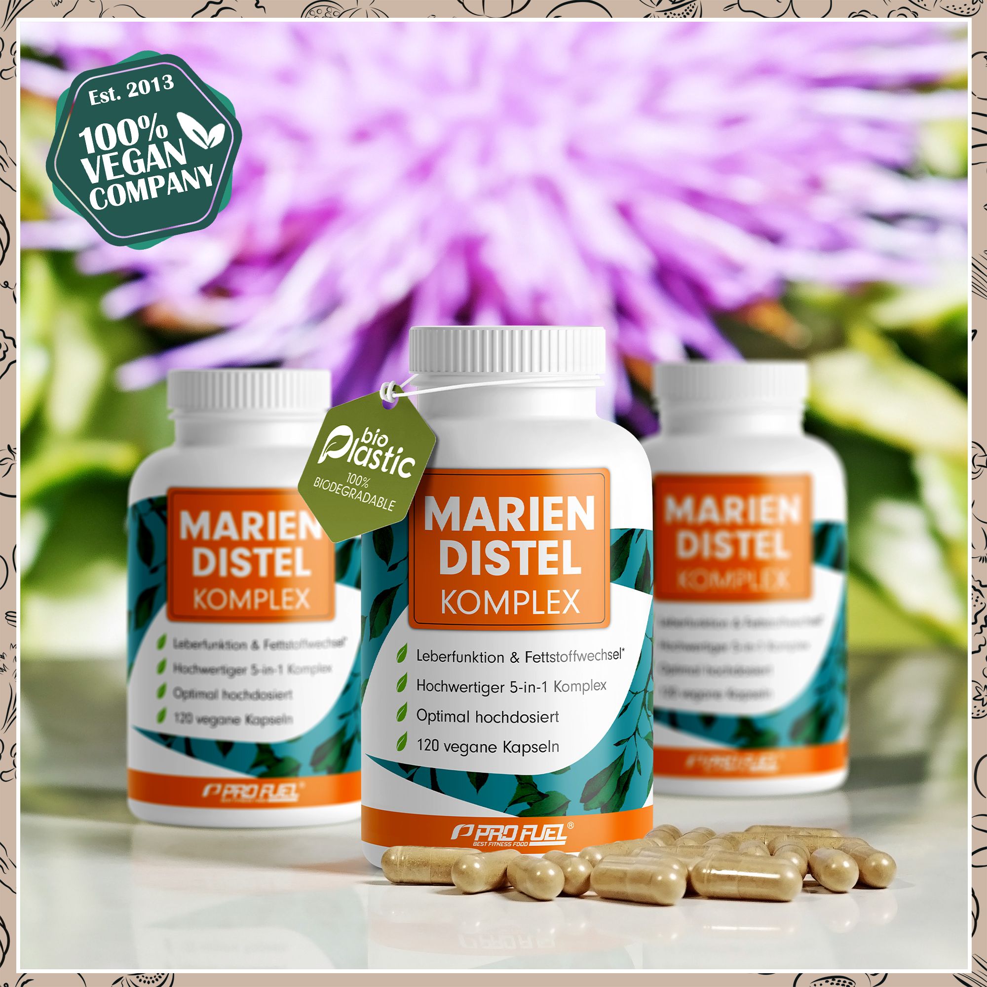 Drei Flaschen Mariendistel Komplex mit Kapseln. 100% Vegan Company. Bio-Plastik Etikett. 120 vegane Kapseln.