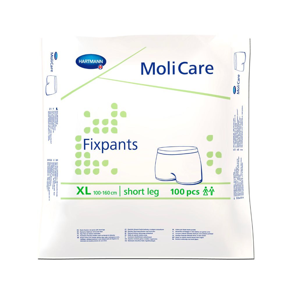 Verpackung mit Fixpants. Marke Hartmann MoliCare. Größe XL, 100 Stück. Kurzes Bein. Grün-weiße Verpackung mit Produktabbildung und Text.