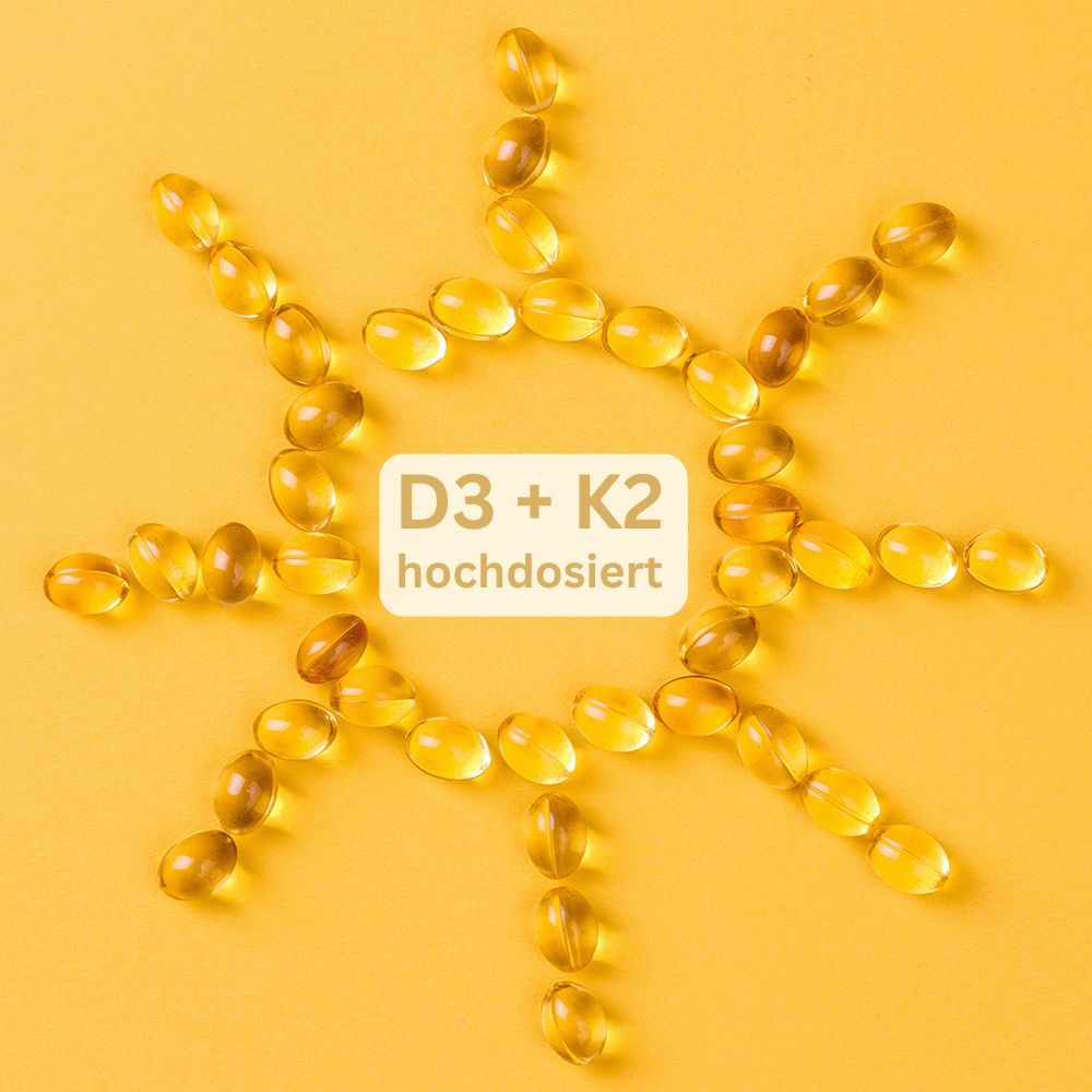 Gelbe Kapseln in Sonnenform angeordnet. Text: D3 + K2 hochdosiert.