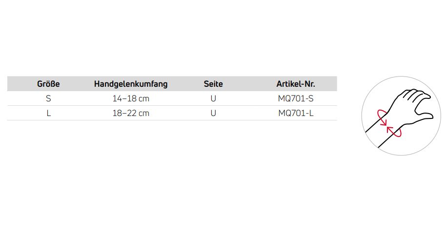 Größentabelle für Handgelenkorthese. Größen S und L. Handgelenkumfang in cm. Artikelnummern.