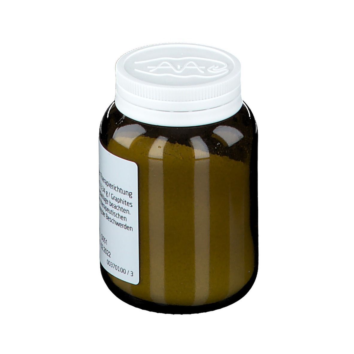 Braune Glasflasche mit weißem Deckel. Inhalt sichtbar. Apothekenzeichen auf dem Deckel. Produktname: Graphites comp.