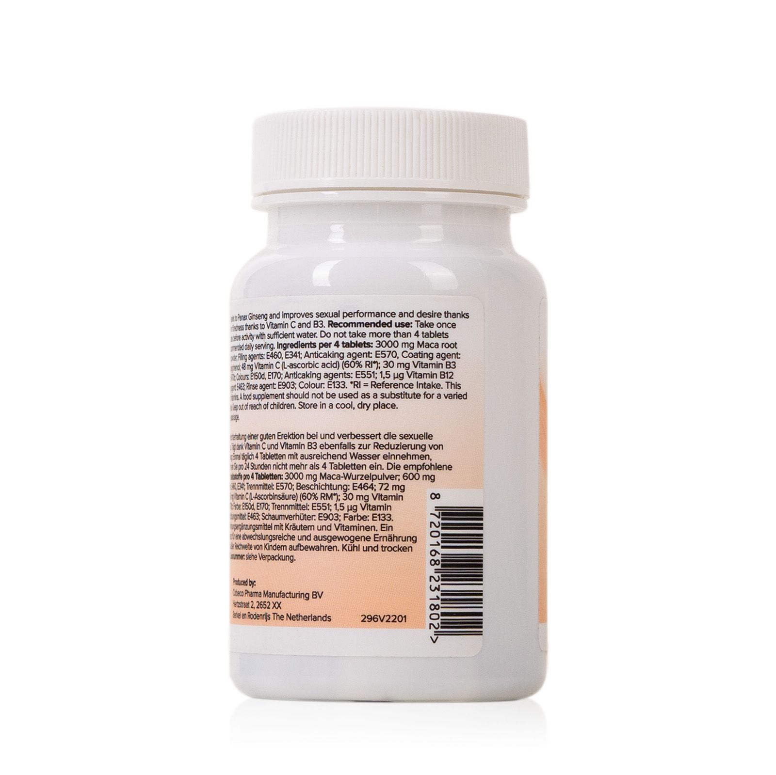 Rückseite der Flasche "POTENZ Tabletten". Text: Inhaltsstoffe, Anwendungsempfehlung.
