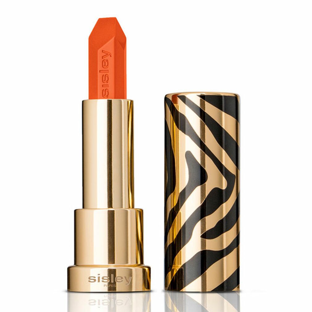 Lippenstift mit goldfarbenem Gehäuse und Zebra-Muster. Der Lippenstift ist orange und trägt den Schriftzug "Sisley".