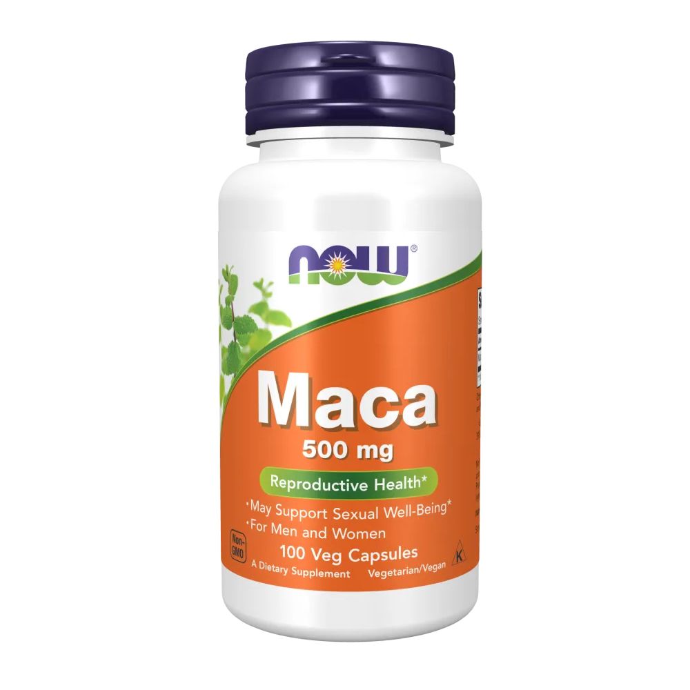 Weiße Flasche mit blauem Deckel. Aufschrift: Maca 500 mg, Reproductive Health. Enthält 100 Veg Capsules. Marke: NOW.