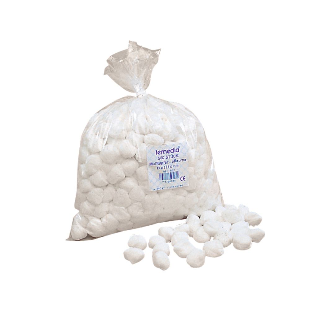 Beutel mit weißen Wattebällchen. Aufkleber mit Produktinformationen. CE-Kennzeichnung.