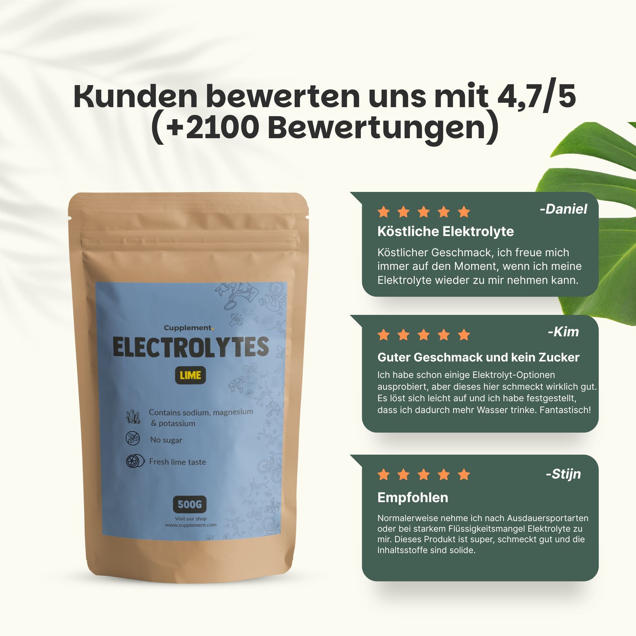 Beutel Cupplement Elektrolyte. Aufschrift: Elektrolyte, Limette, 500g. Enthält Natrium, Magnesium, Kalium. Ohne Zucker.
