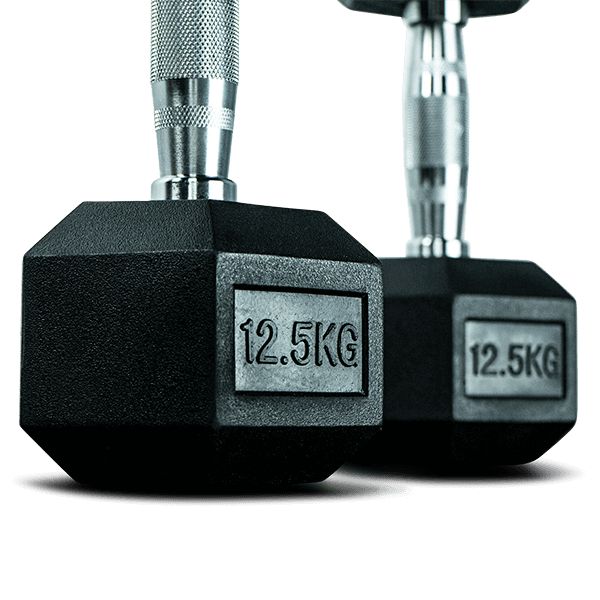 Zwei schwarze Kurzhanteln mit sechseckigen Köpfen. Auf den Köpfen steht "12.5KG". Griffe aus Metall.