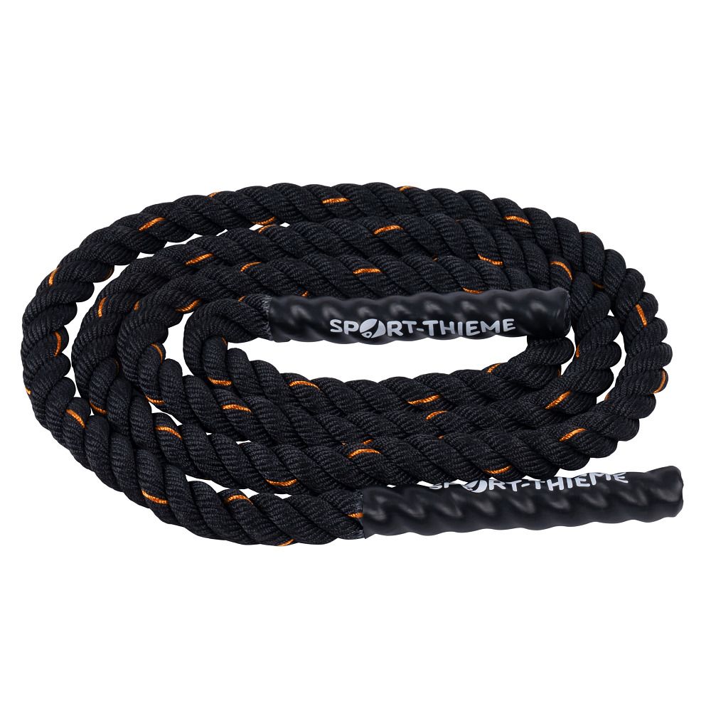 Schwarzes Springseil mit orangen Akzenten. Griffe mit Sport-Thieme-Logo. Schweres Seil, gerollt.