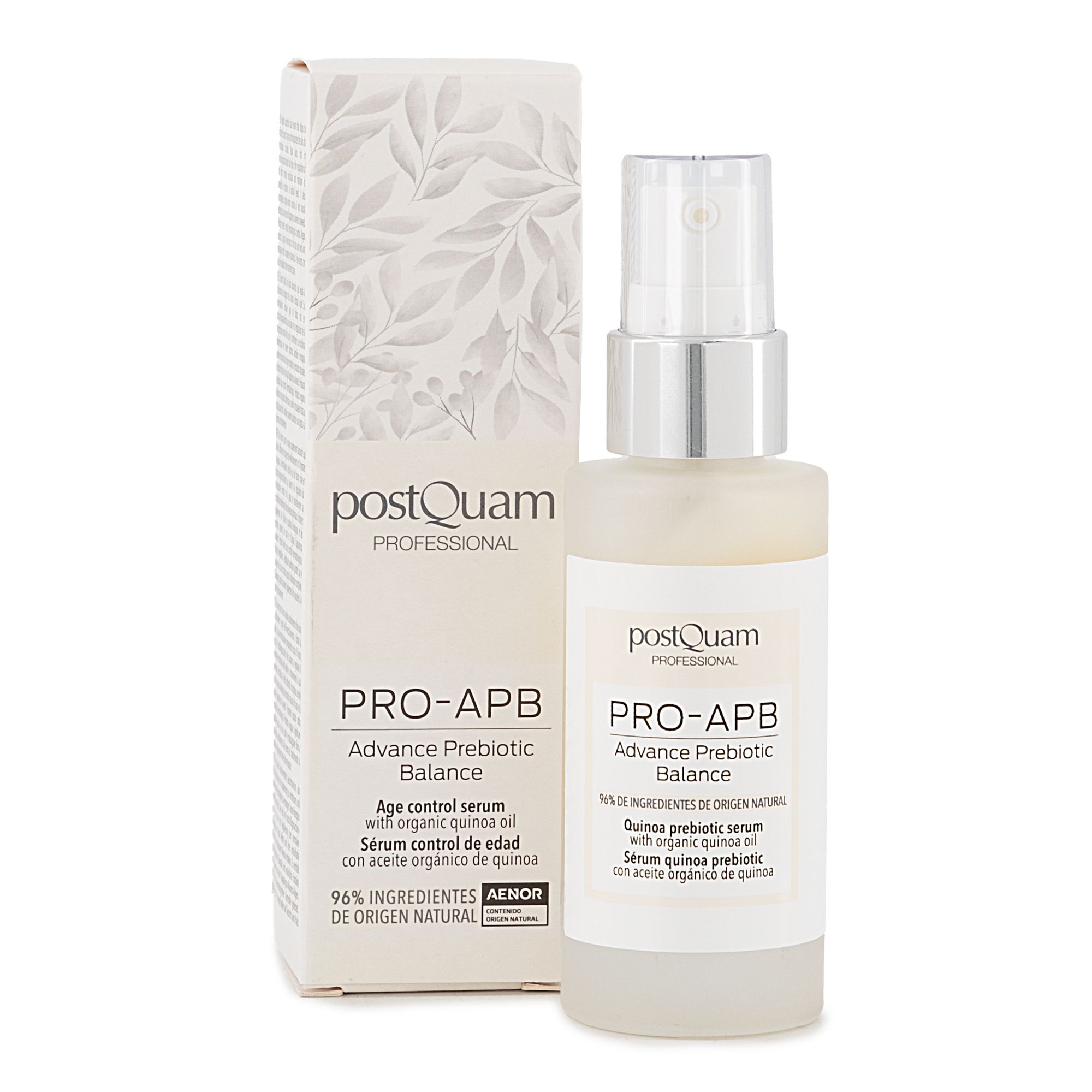 Serumflasche und Kartonverpackung. Aufschrift: Postquam, PRO-APB, Advance Prebiotic Balance. Flasche mit Sprühkopf, Etikett.