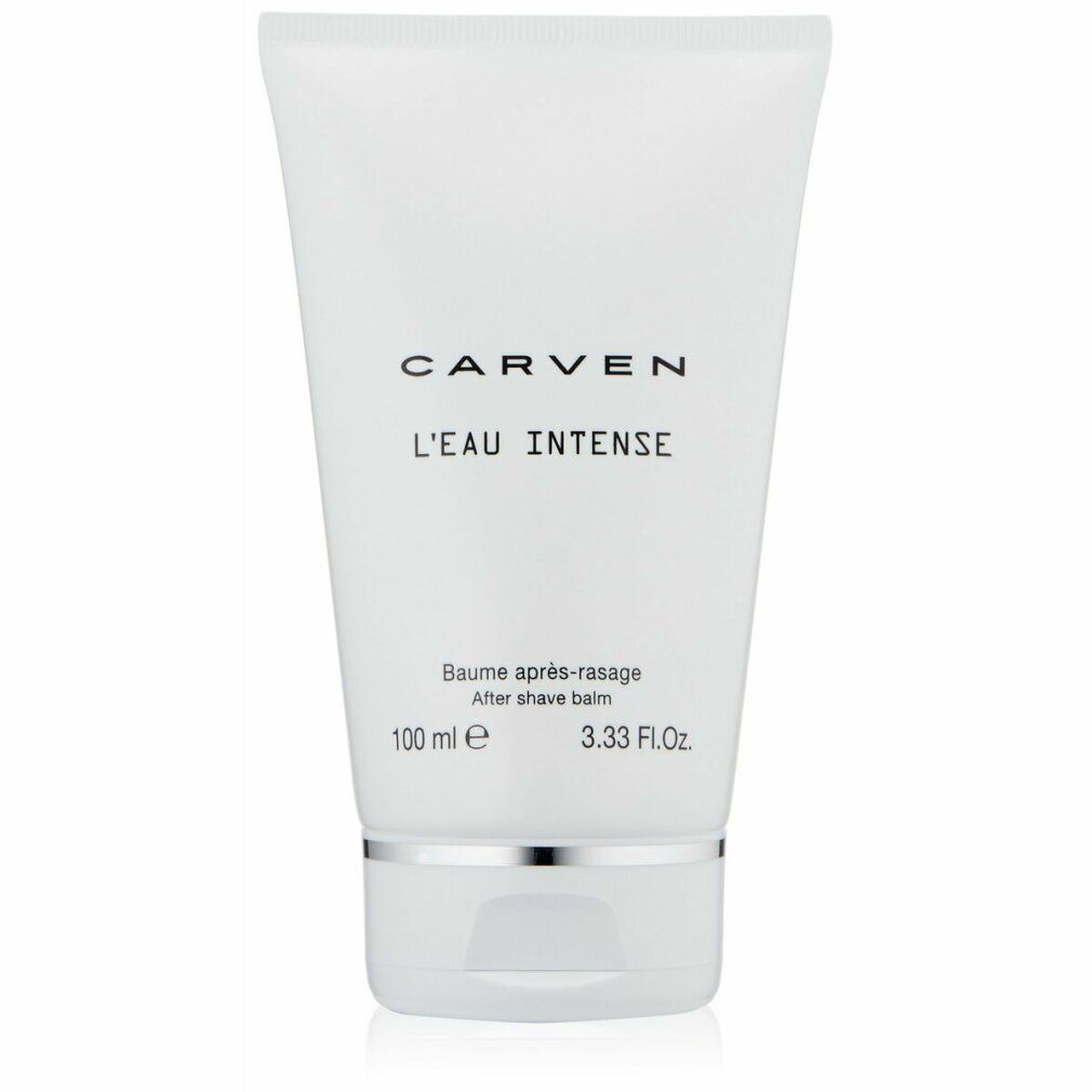 Weiße Tube mit CARVEN L'EAU INTENSE. Darunter steht Baume après-rasage und 100 ml. Silberner Ring am unteren Ende.