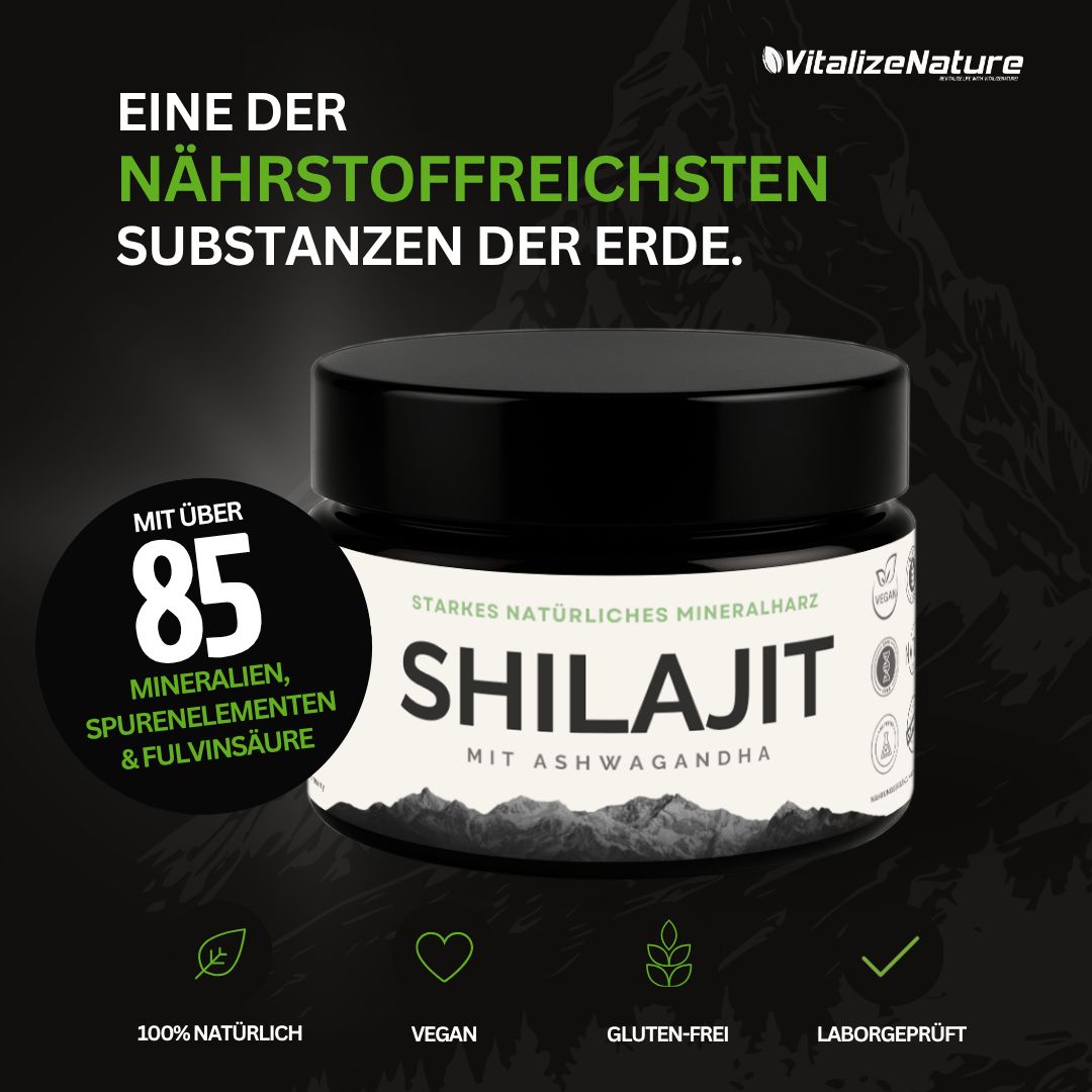 Ein Glas Shilajit mit Ashwagandha, enthält über 85 Mineralien, vegan, glutenfrei.