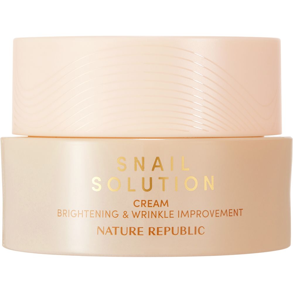 Beige Creme-Dose mit goldenem Schriftzug. Aufschrift: Snail Solution Cream, Nature Republic. Deckel mit Wellenmuster.
