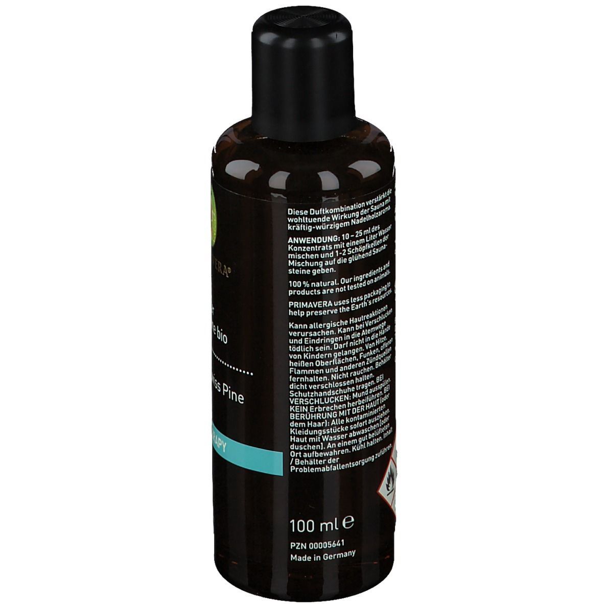 Rückseite einer braunen Glasflasche mit schwarzem Deckel. Text: Anwendung, Inhaltsstoffe, Warnhinweise, PRIMAVERA Life, 100 ml.