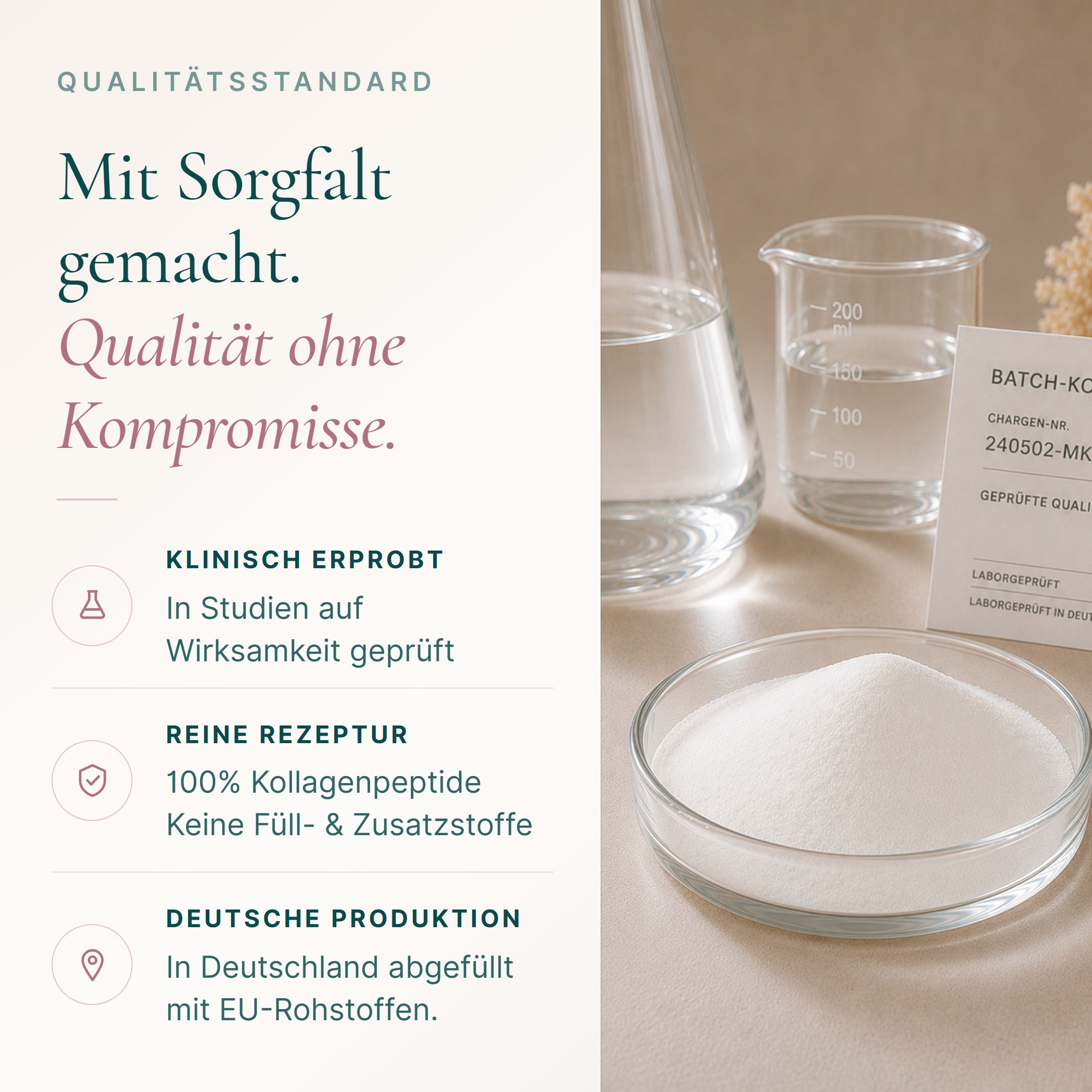 Laborgeräte und eine Schale mit weißem Pulver, neben Text über Qualität, klinische Prüfung und deutsche Produktion.