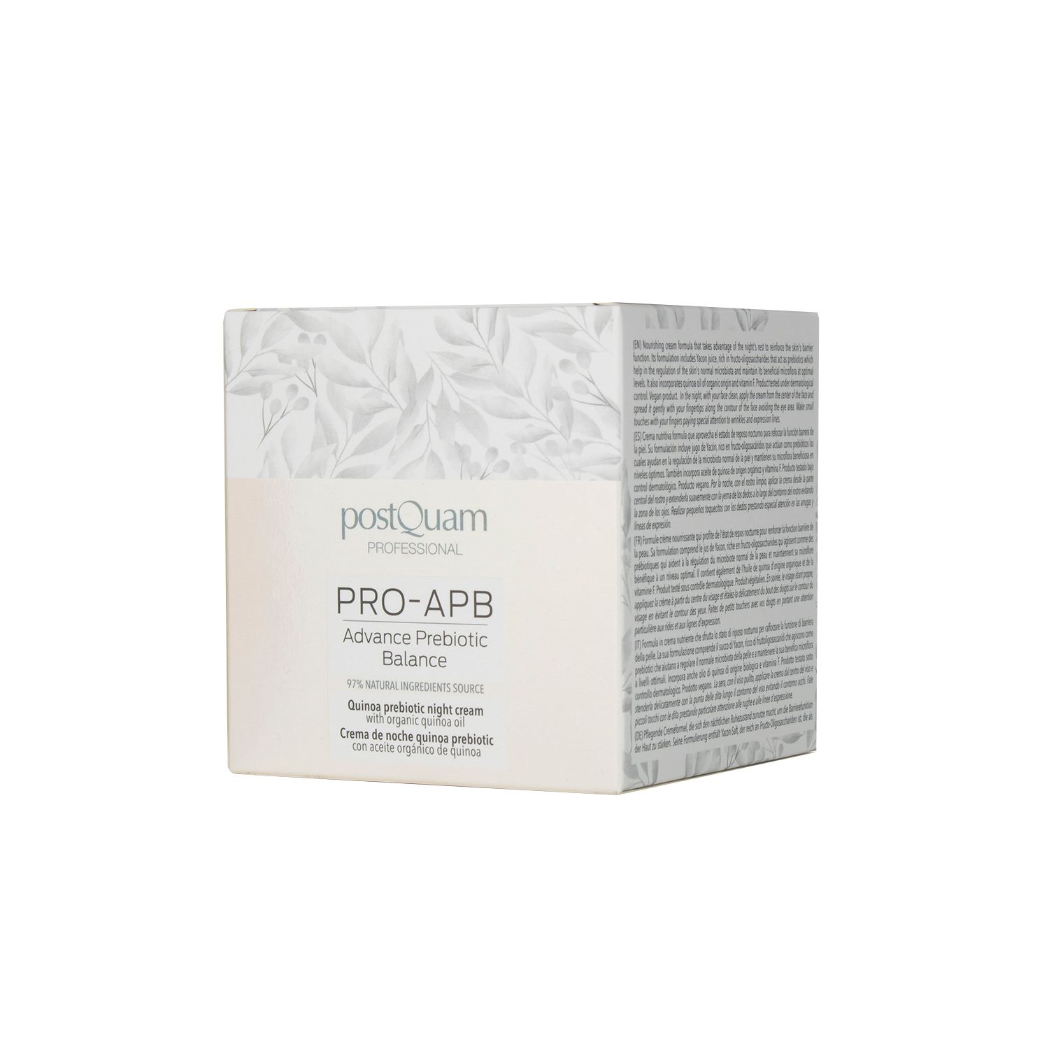 Verpackung. Aufschrift: Postquam, PRO-APB, Advance Prebiotic Balance. Text: Quinoa Prebiotic Nachtcreme. 97% Inhaltsstoffe natürlichen Ursprungs. AENOR.
